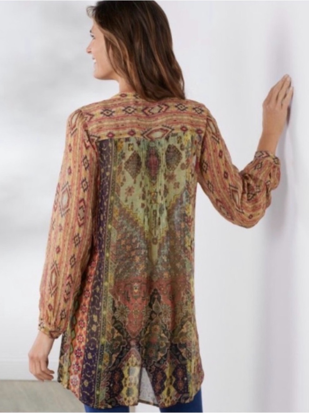 Soft Surroundings Sheer Boho Printed Long-Sleeve Tunic Top - Multicolor XL - Picture 3 of 8